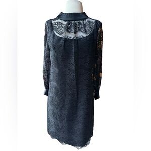 1960s Black Lace Overlay, High Satin-Like Collar Romantic Goth Shift Dress